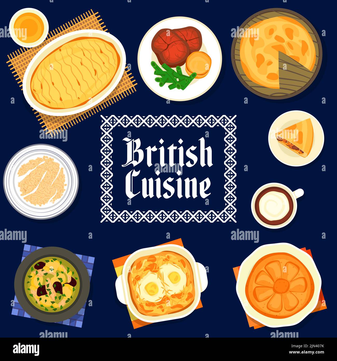 British food menu, English cuisine dishes and restaurant meals, vector cover. English breakfast porridge, Irish coffee and Yorkshire pudding, European traditional cuisine and kitchen meals Stock Vector