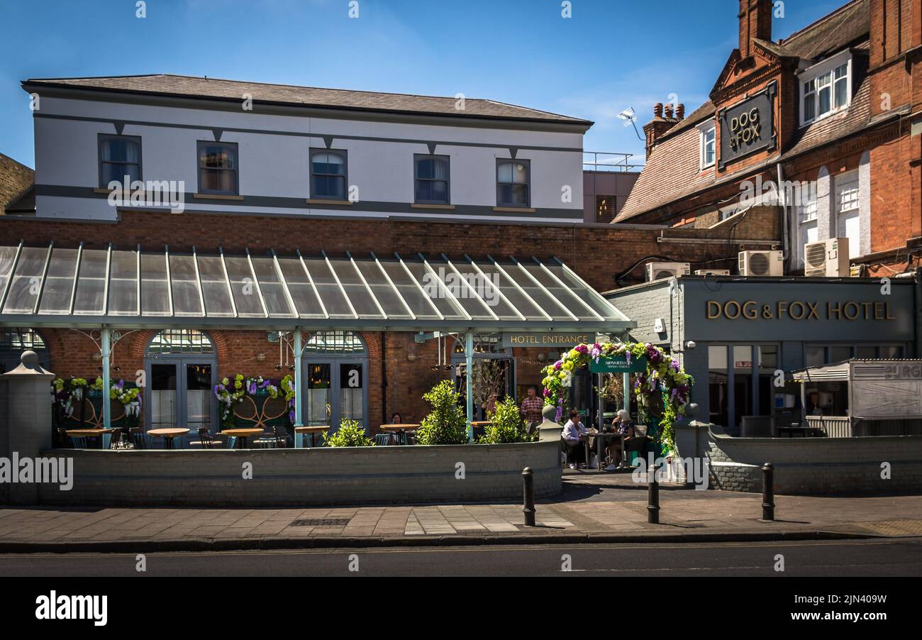 London, UK, July 2022, view of Dog and Fox, a pub and hotel in