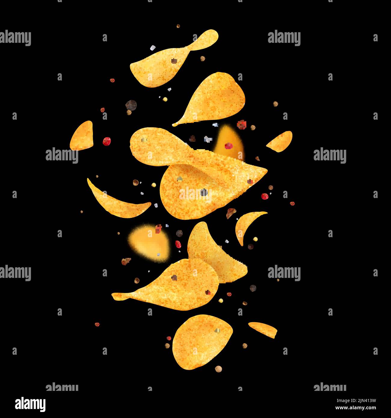 Falling crispy wavy potato chips, herbs and spices. Flying with black