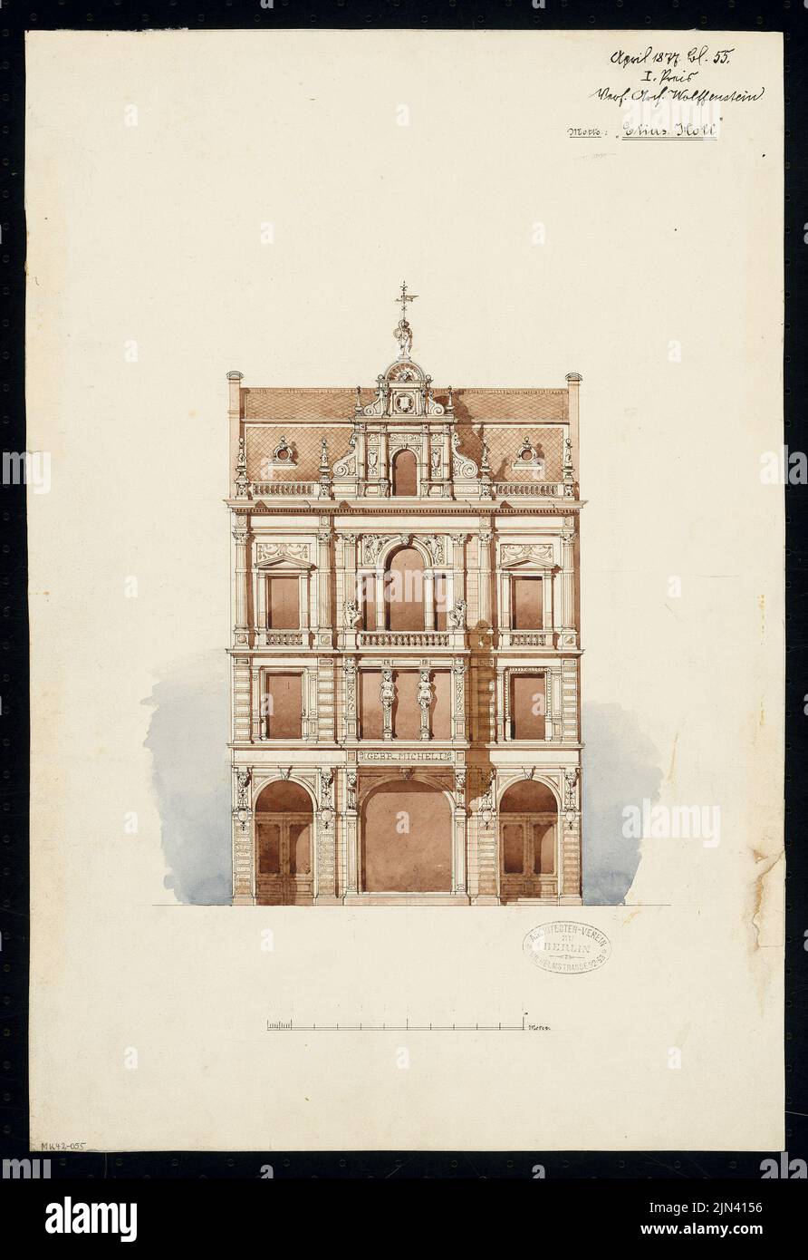 Richard Wolffenstein (1846-1919): residential building with shop. Monthly competition April 1877 Stock Photo