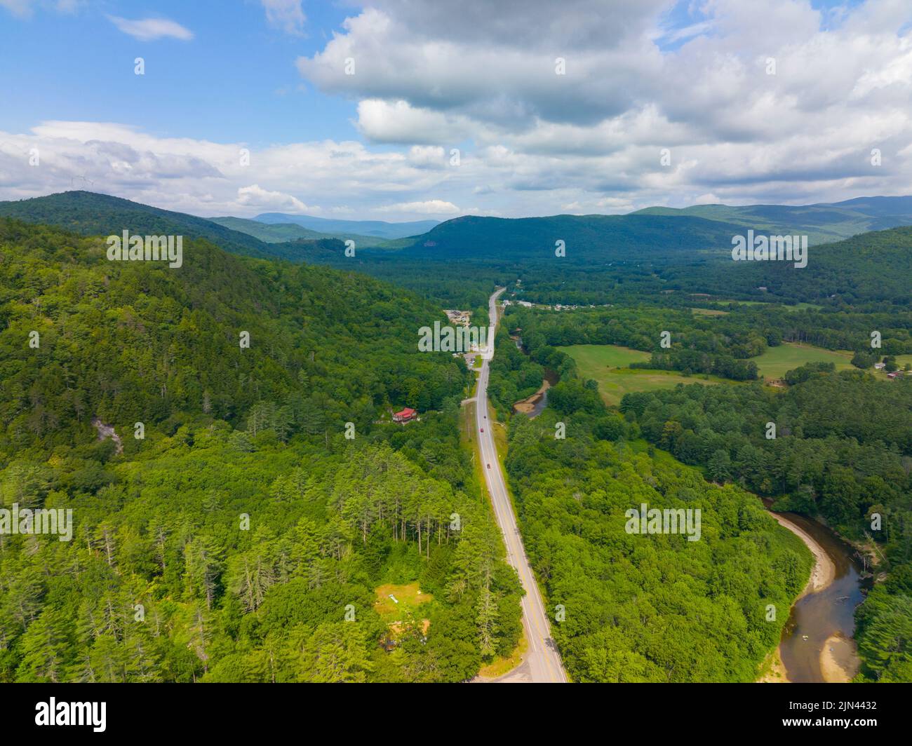 New Hampshire Route 25 aerial view in summer near Polar Caves Park with
