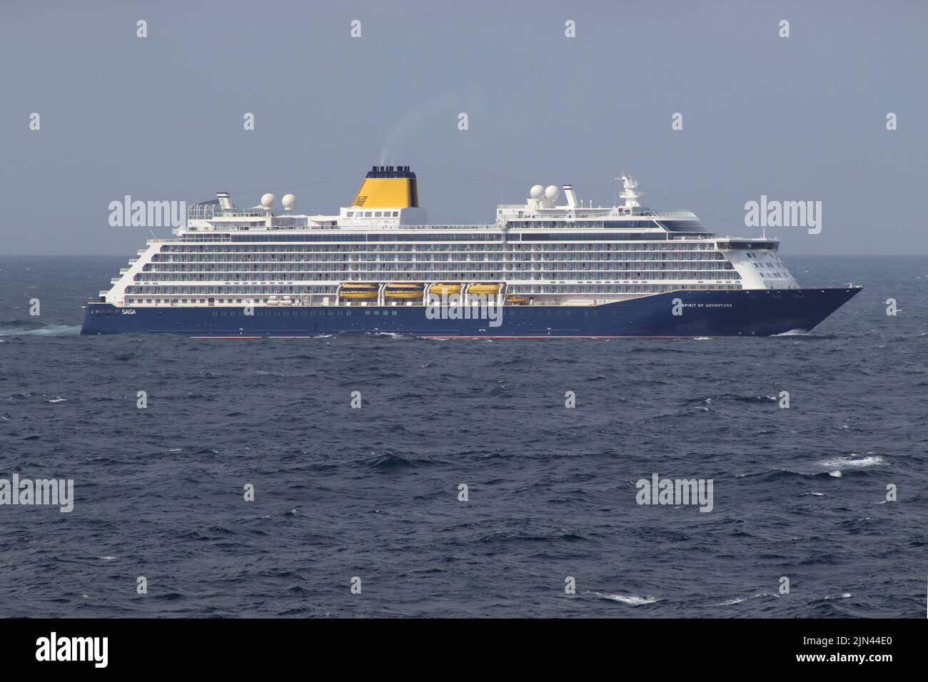 The Saga cruise ship Spirit of Adventure, 58,000 tons, photographed in the North Atlantic returning back to Southampton. Stock Photo