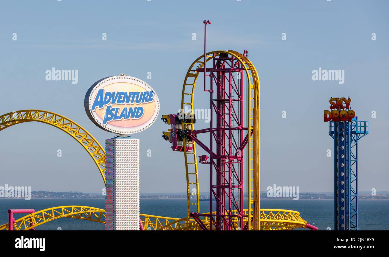 Adventure Island Amusement Park in Southend showing roller coaster rides and the River Thames Stock Photo