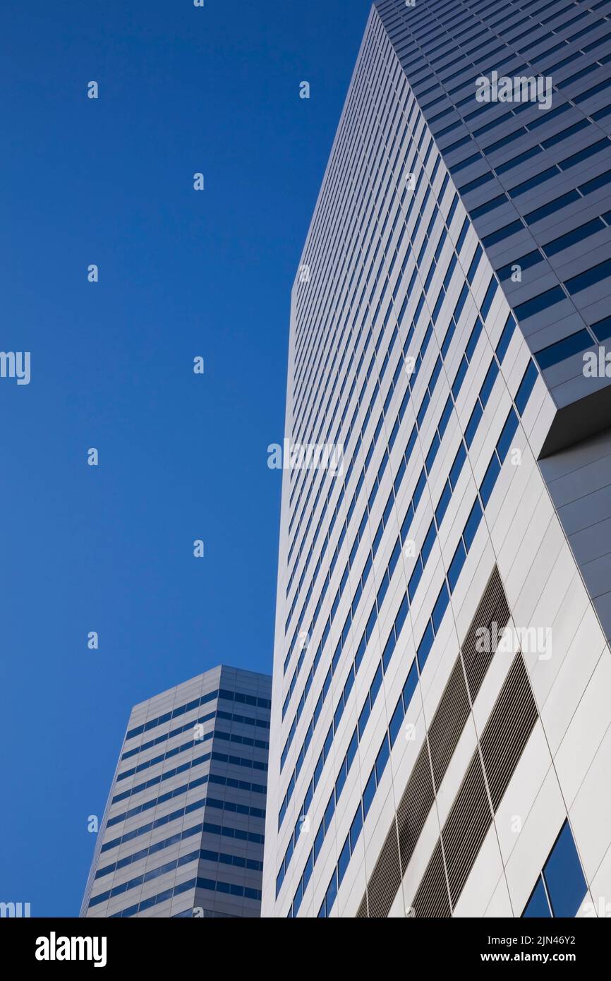 Modern architectural office towers against a blue sky background, Montreal, Quebec, Canada Stock Photo