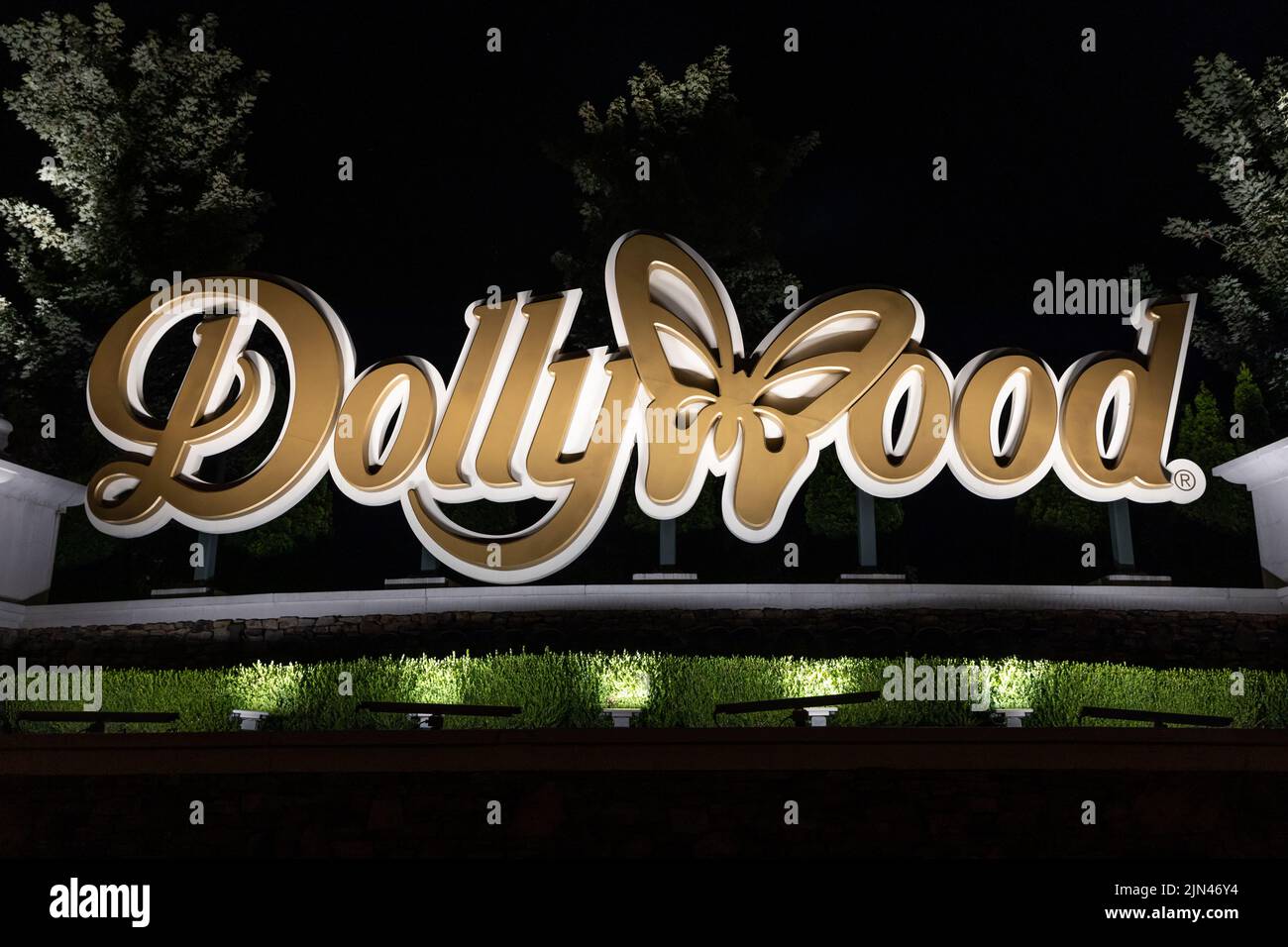 The entrance to Dollywood with the amusement park logo. Dollywood is Dolly Parton's famous amusement park located in the Smoky Mountains. Stock Photo