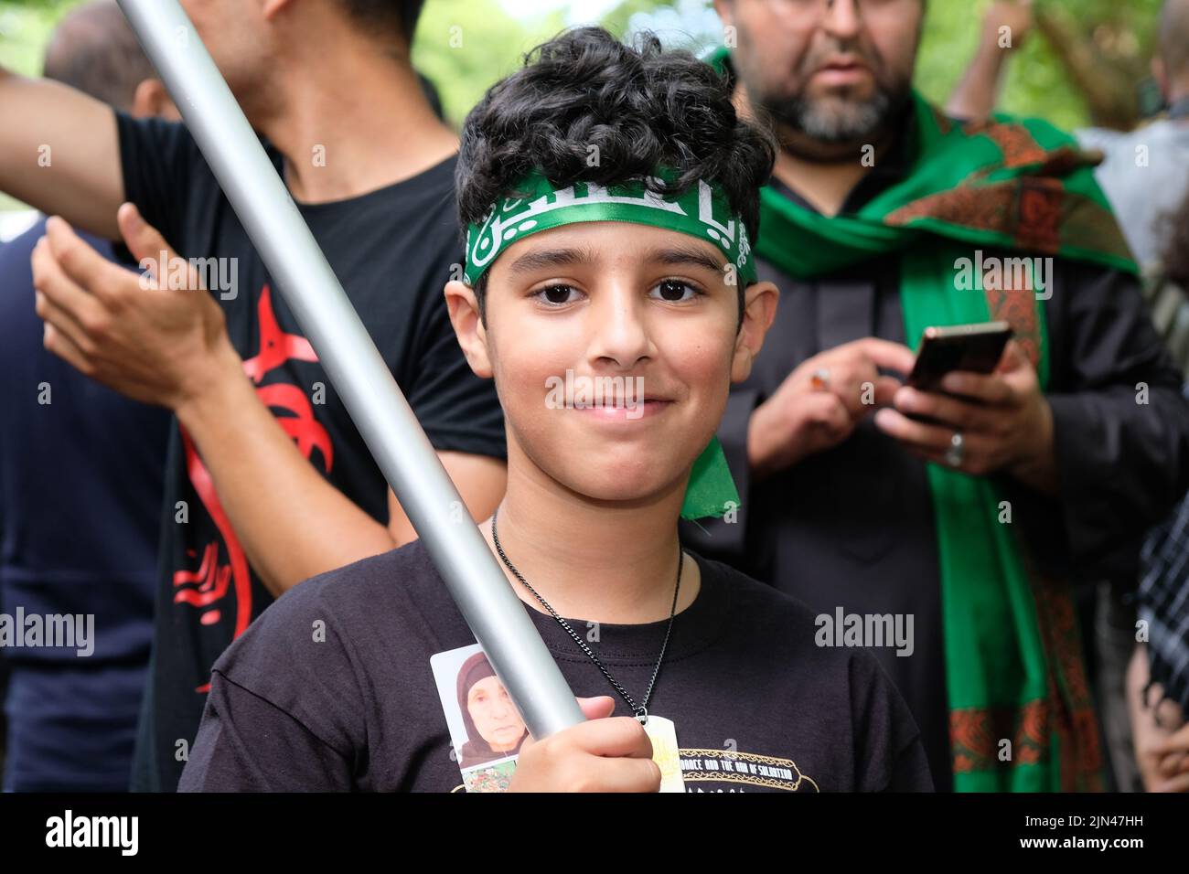London, UK, 8th Aug, 2022. Shia muslims commemorate Prophet Muhammed's grandson, Huseyn ibn Ali's (Imam Hussain) martyrdom in an annual Ashura procession that has taken place in the capital since 1989. Imam Hussain was killed during the Battle of Kabala, Iraq in 680AD and is a major pilgrimage site attracting millions of worshippers. The Day of Ashura falls on the tenth day of Muharram, the first month of the Islamic calendar and is a period of mourning for Shias marked by the wearing of black, chest beating and re-enactments. Credit: Eleventh Hour Photography/Alamy Live News Stock Photo