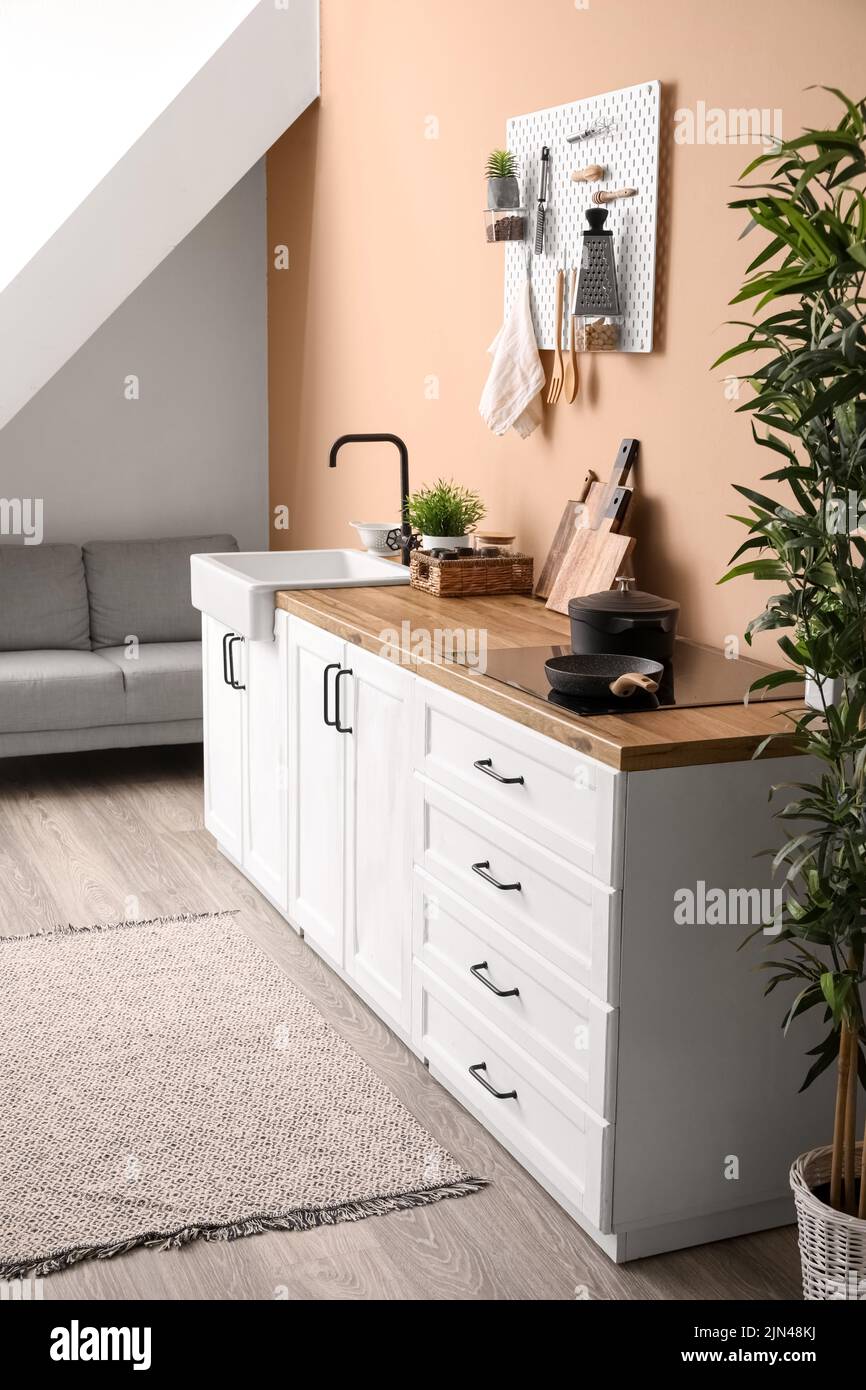 Interior of stylish kitchen with white counters, sink and pegboard ...