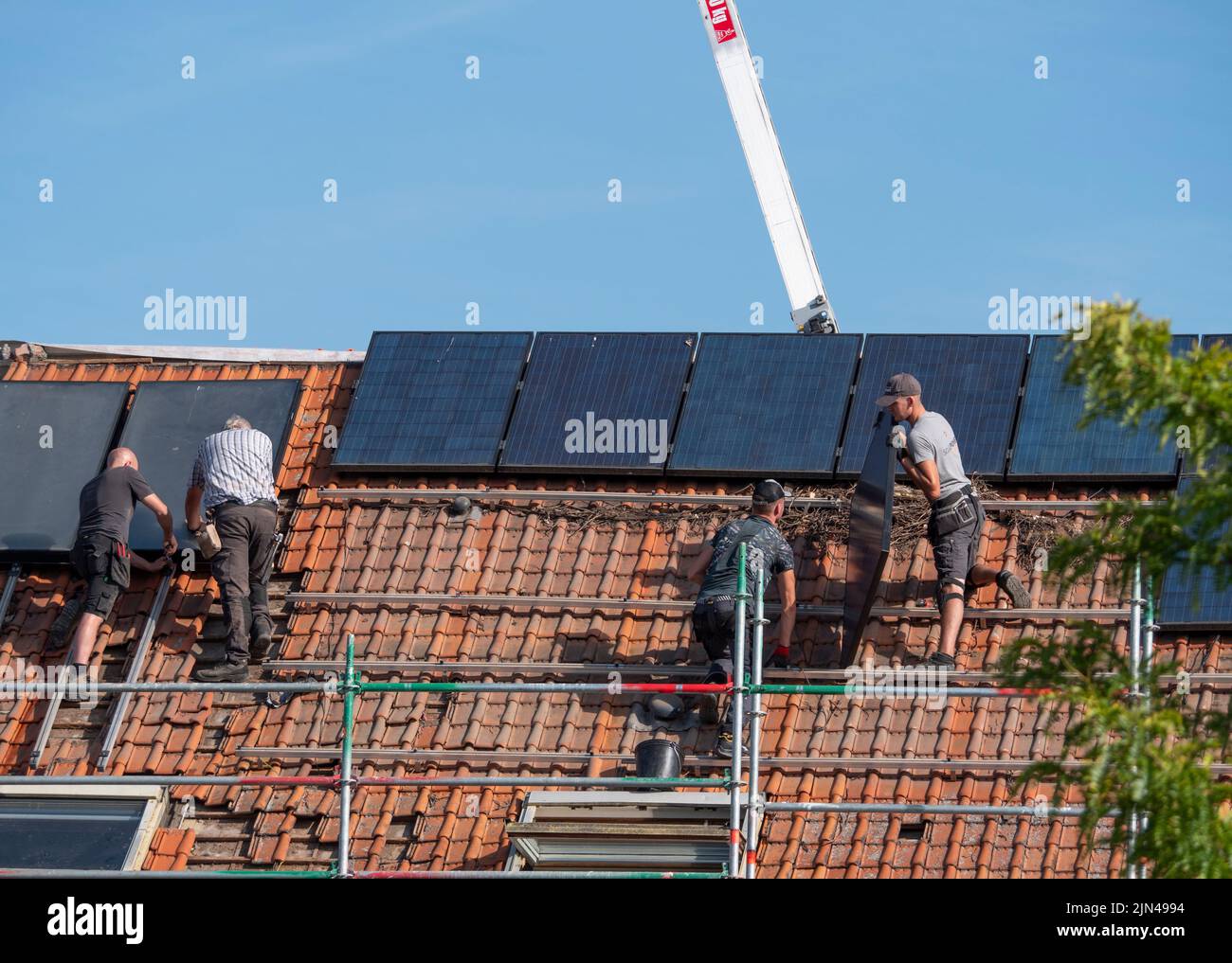 Sint Gillis Waas, Belgium, 08 August 2022, Four roofers are on the roof and remove solar panels Stock Photo