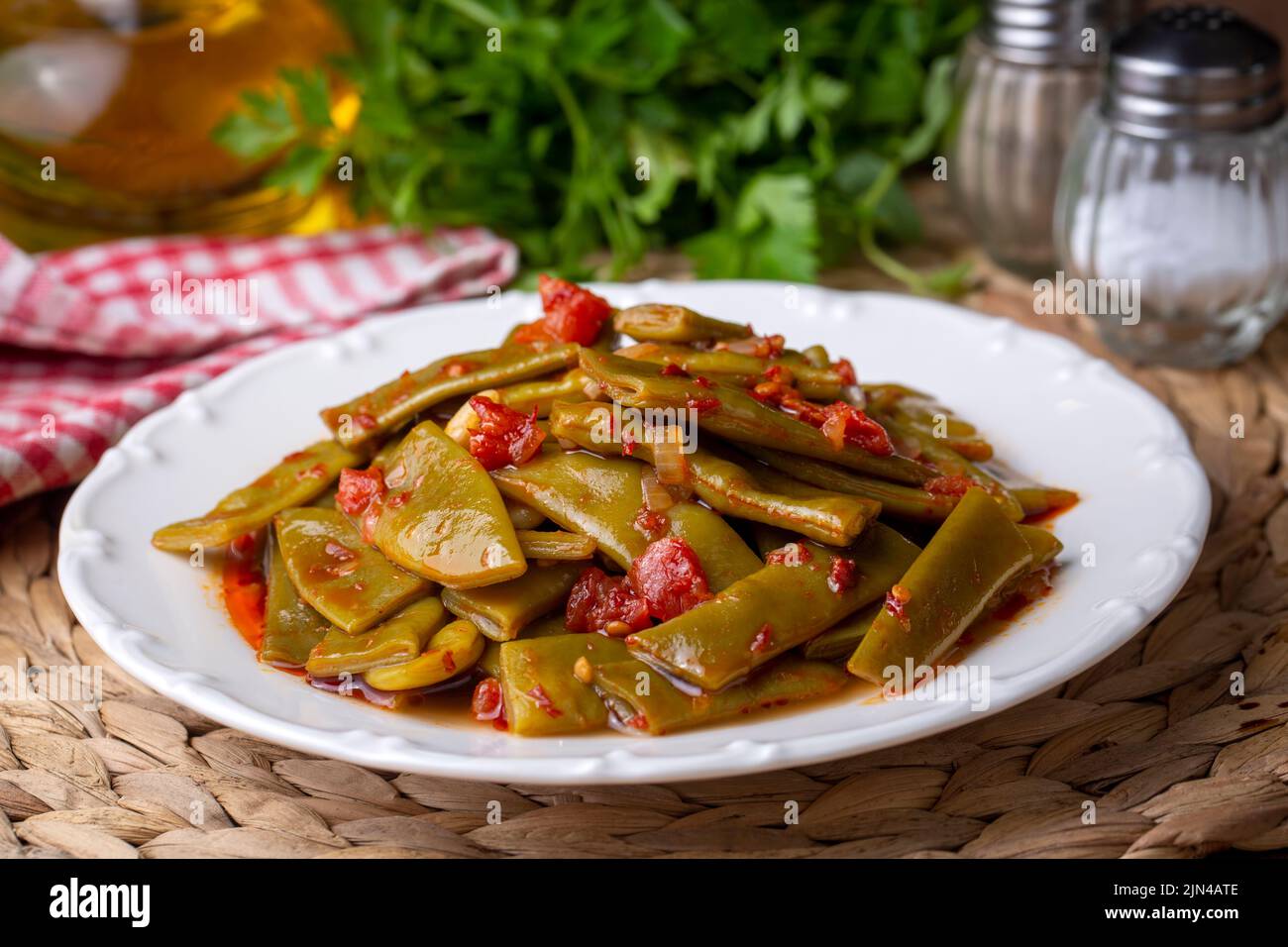 Traditional delicious Turkish food; Green beans with olive oil; Turkish ...