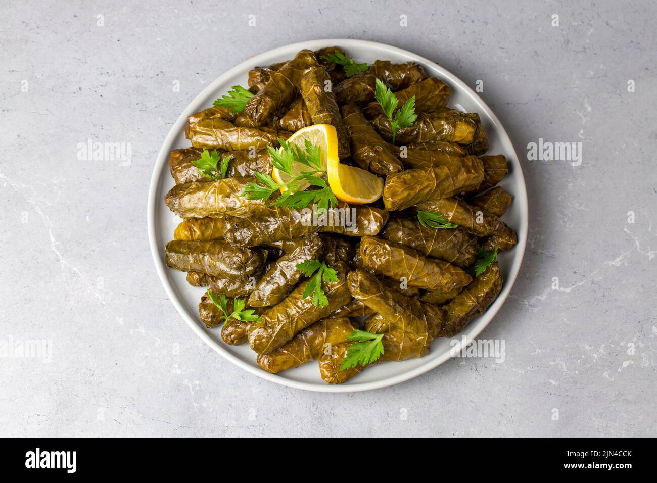 Delicious dolma (sarma) stuffed grape leaves rice, white yogurt sauce