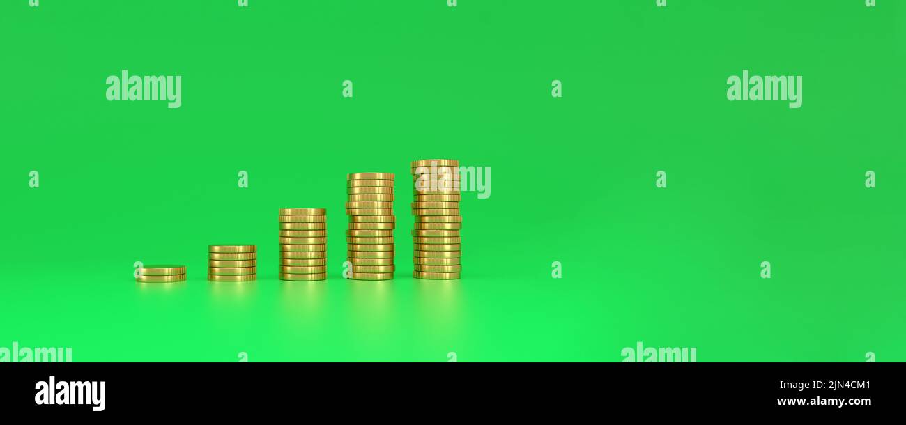 Coin stacks on panoramic green background with space for text. Financial success and growth concept. 3d rendering. Stock Photo