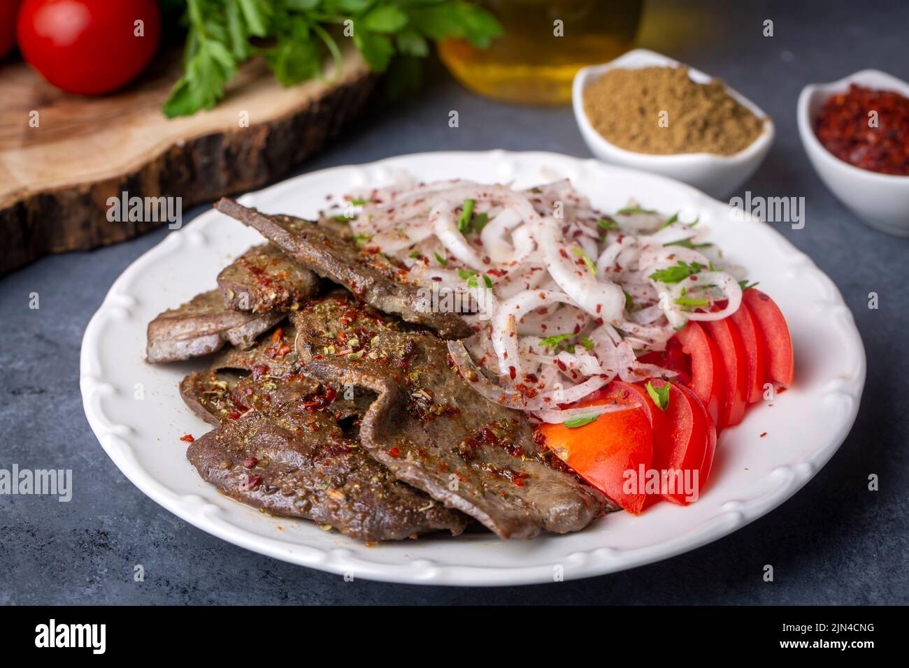 Traditional Turkish Liver kebab cuisine. Leaf Liver spicy. Delicious