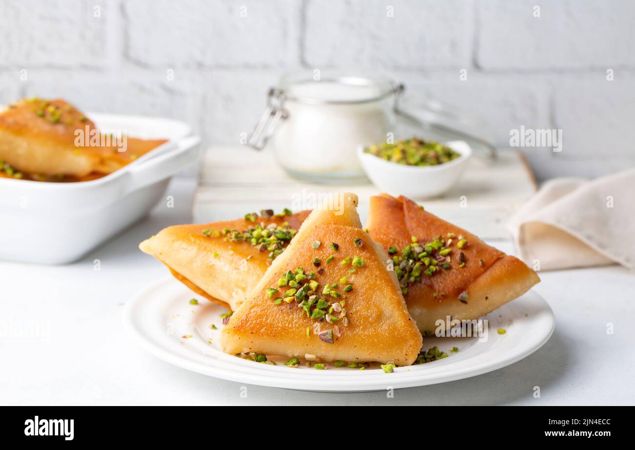 Traditional Turkish desserts; custard triangular dessert, albanian
