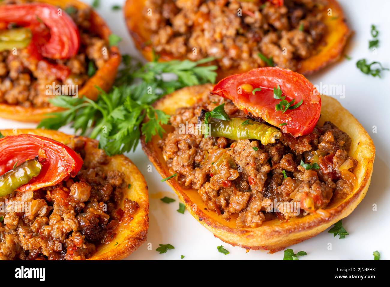 Traditional Turkish food; baked potato dish with minced meat, Turkish
