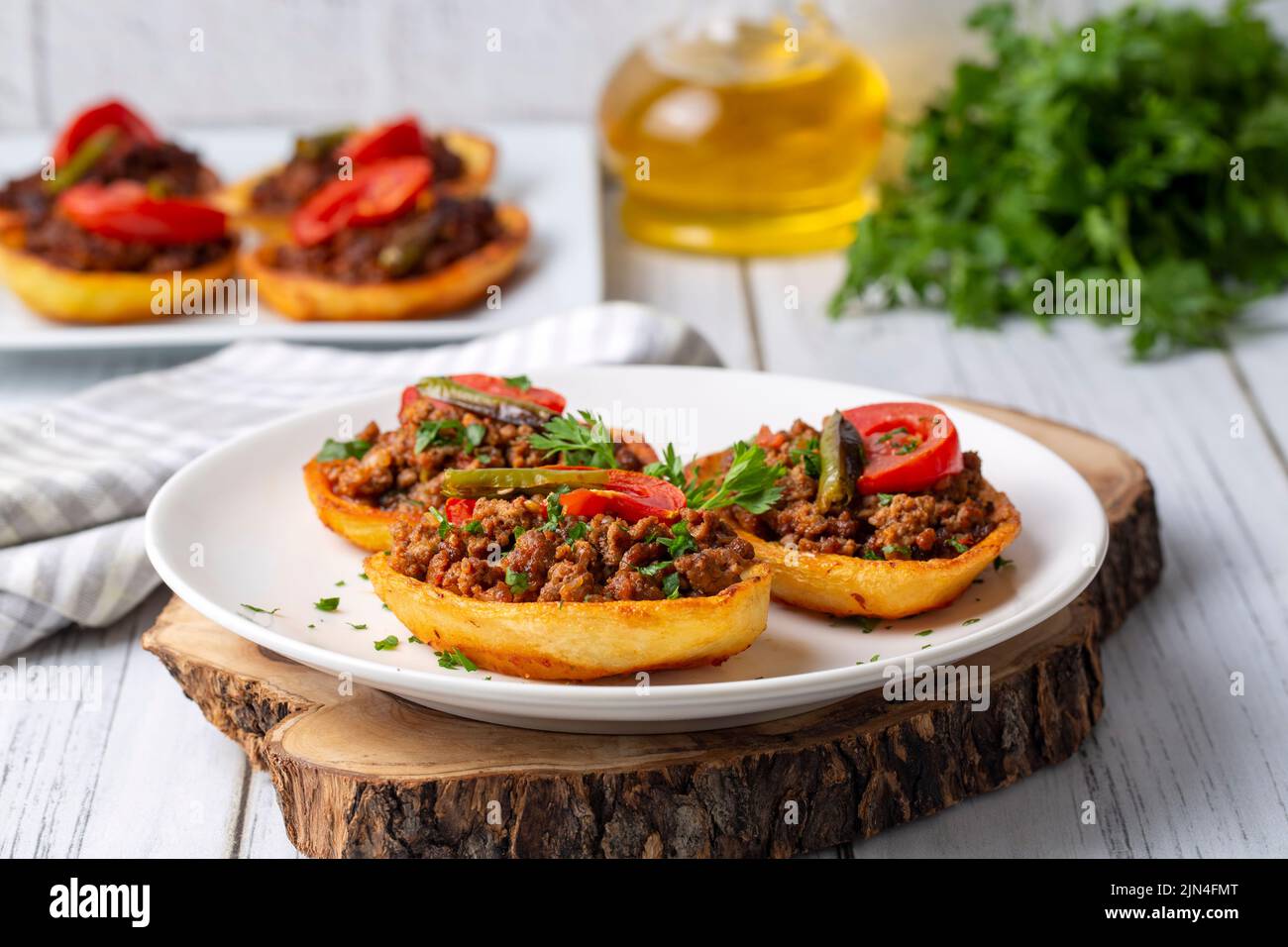 Traditional Turkish food; baked potato dish with minced meat, Turkish