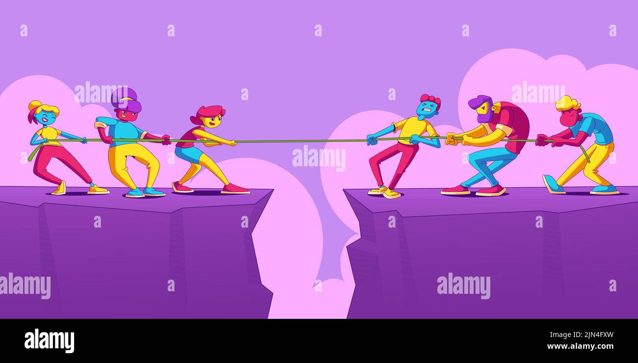 Gender team rivalry, sexism, feminism, job competition concept. Men and women teams tug of war over mountain gap. Contemporary business characters tear rope battle Line art cartoon vector illustration Stock Vector
