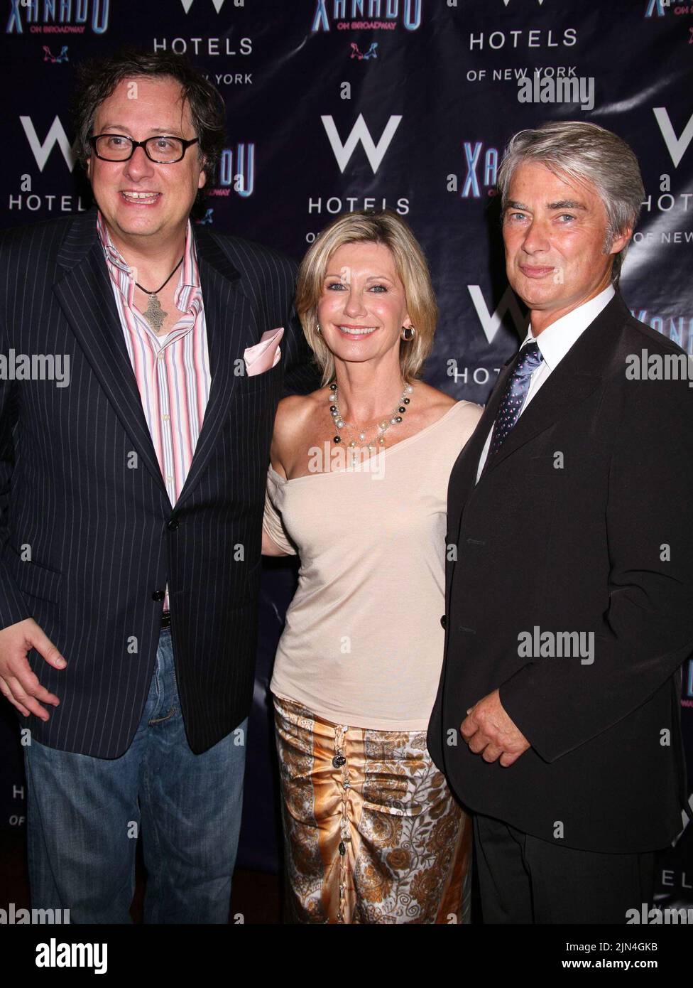 Douglas Carter Beane, Olivia Newton-John and John Farrar attend the opening night party for "Xanadu" at Providence in New York City on July 10, 2007.  Photo Credit: Henry McGee/MediaPunch Stock Photo