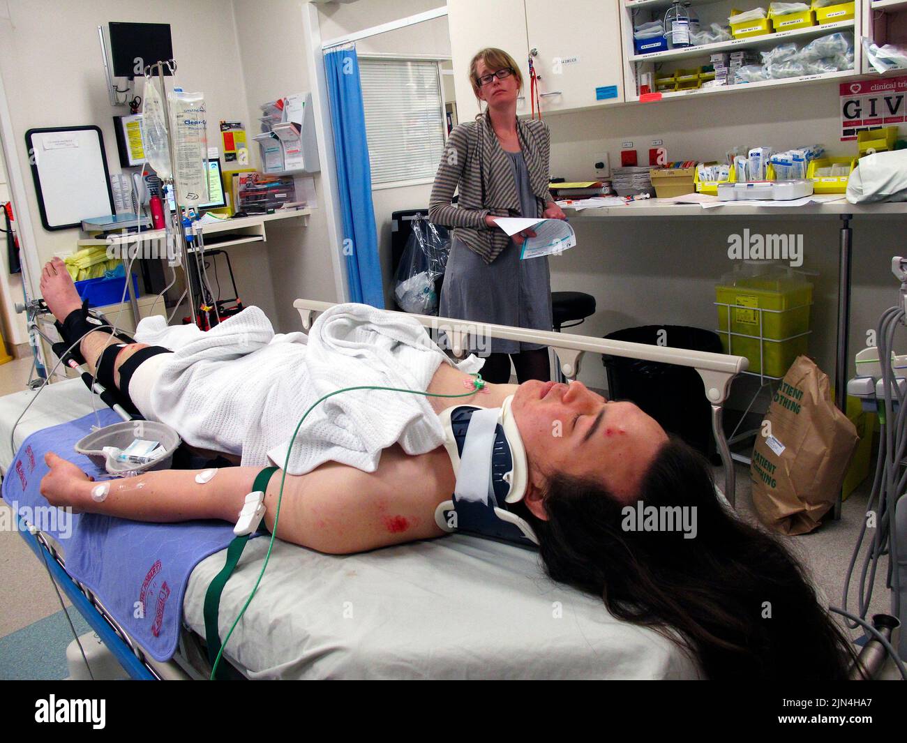 Young man with broken femur due to a cycling accident receives care in the Royal Hobart Hospital accident and emergency department (release available form the victim if required) Stock Photo