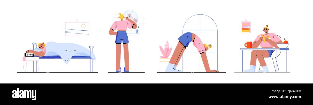 Woman daily routine, day life, schedule, female characters morning ...