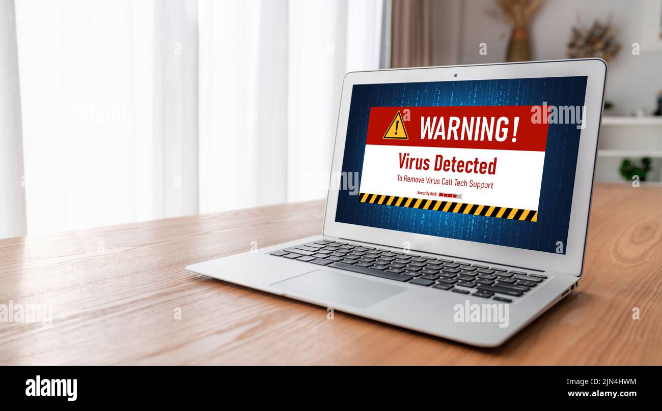 Virus warning alert on computer screen detected modish cyber threat
