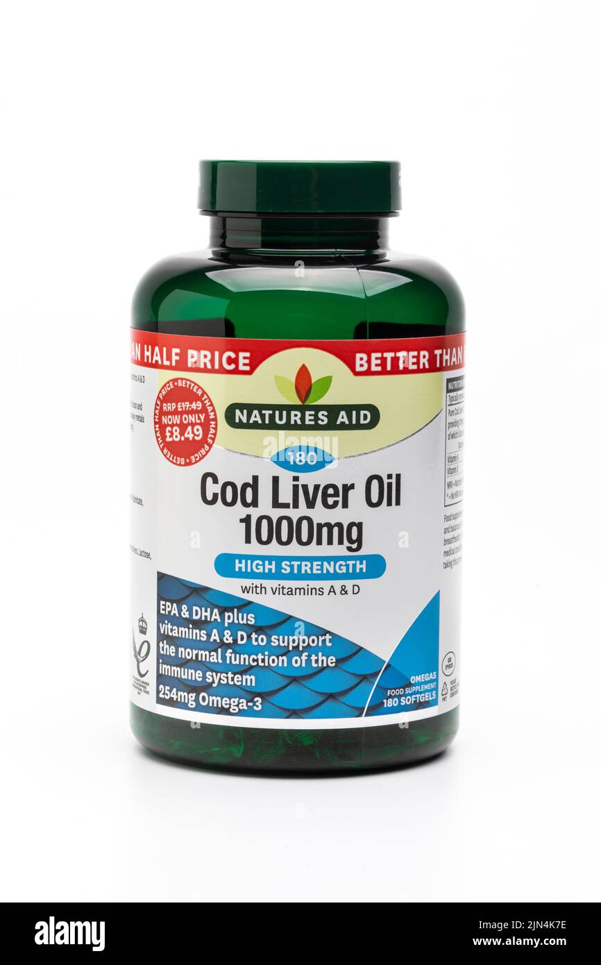 A bottle of cod liver oil capsules Stock Photo
