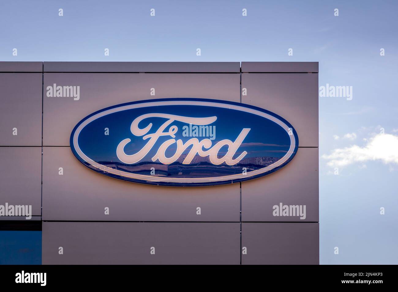 Vilnius, Lithuania July 29, 2022 Ford logo on a dealership's building