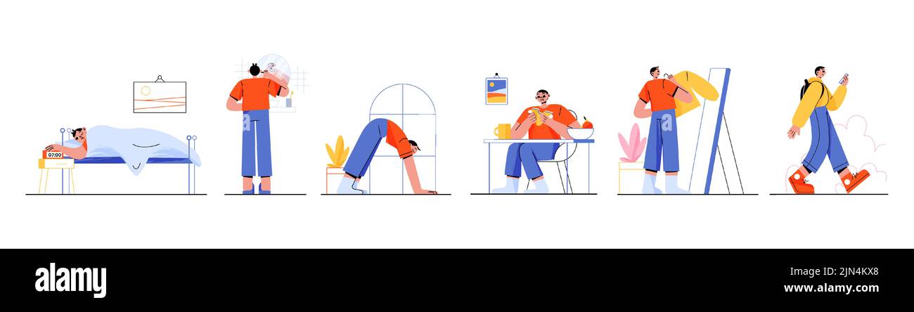 Morning routine of young man, flat character set. Male waking up, shaving, exercising, eating breakfast, dressing, walking outdoors with gadget in hand. Everyday life vector illustration on white Stock Vector