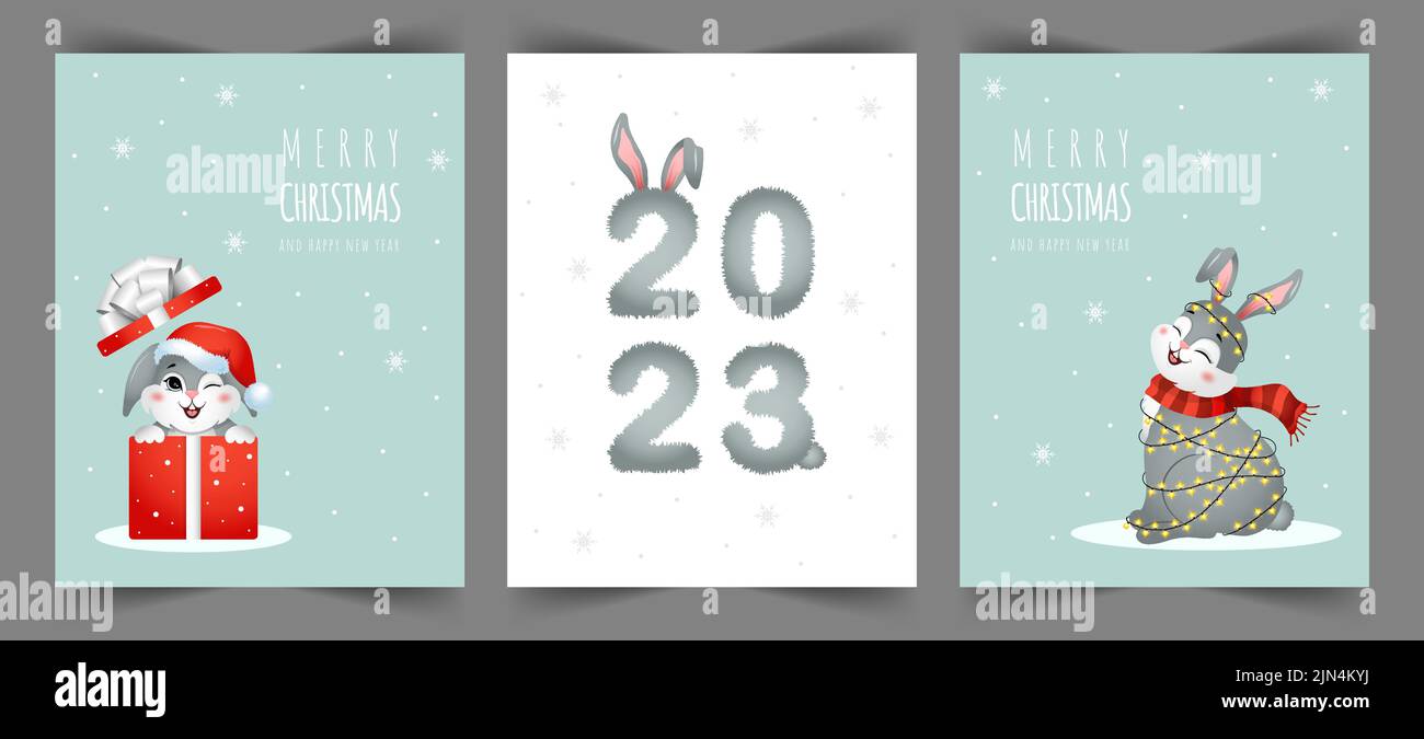 Set of Christmas cards. Rabbits celebrate holidays. Greeting postcards with cute hares. Happy New Year 2023 posters. Vector templates for cover or Stock Vector