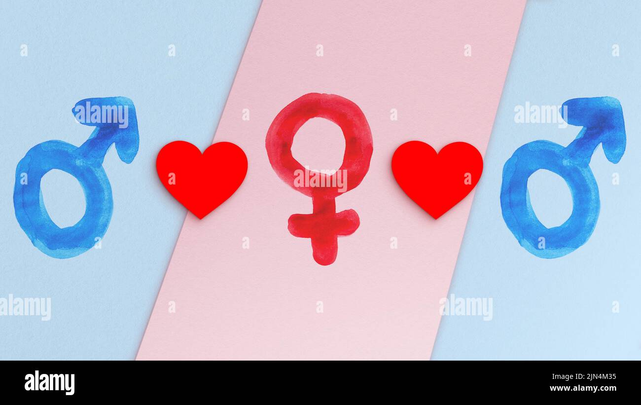 Polyamory concept. Two blue male gender symbols, one red female gender symbol and hearts. Concept illustration of polyamorous relationship. Stock Photo