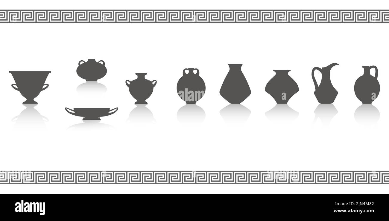 Greek vases silhouettes. Ancient amphoras and pots glyph illustration. Clay ceramic earthenware. Vector Stock Vector