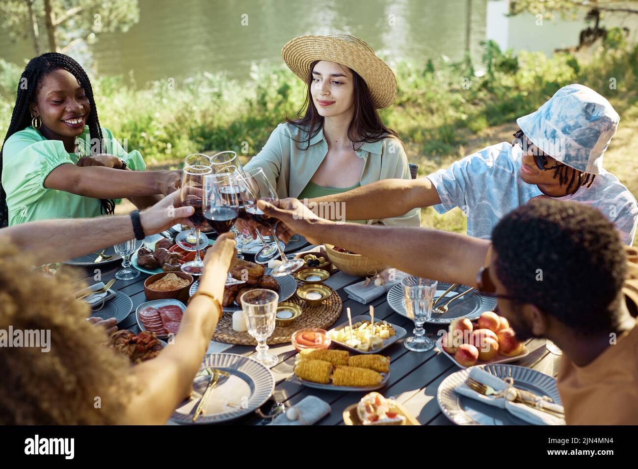 High angle view at diverse group of friends clinking wine glasses while toasting in celebration during dinner party outdoors in Summer Stock Photo
