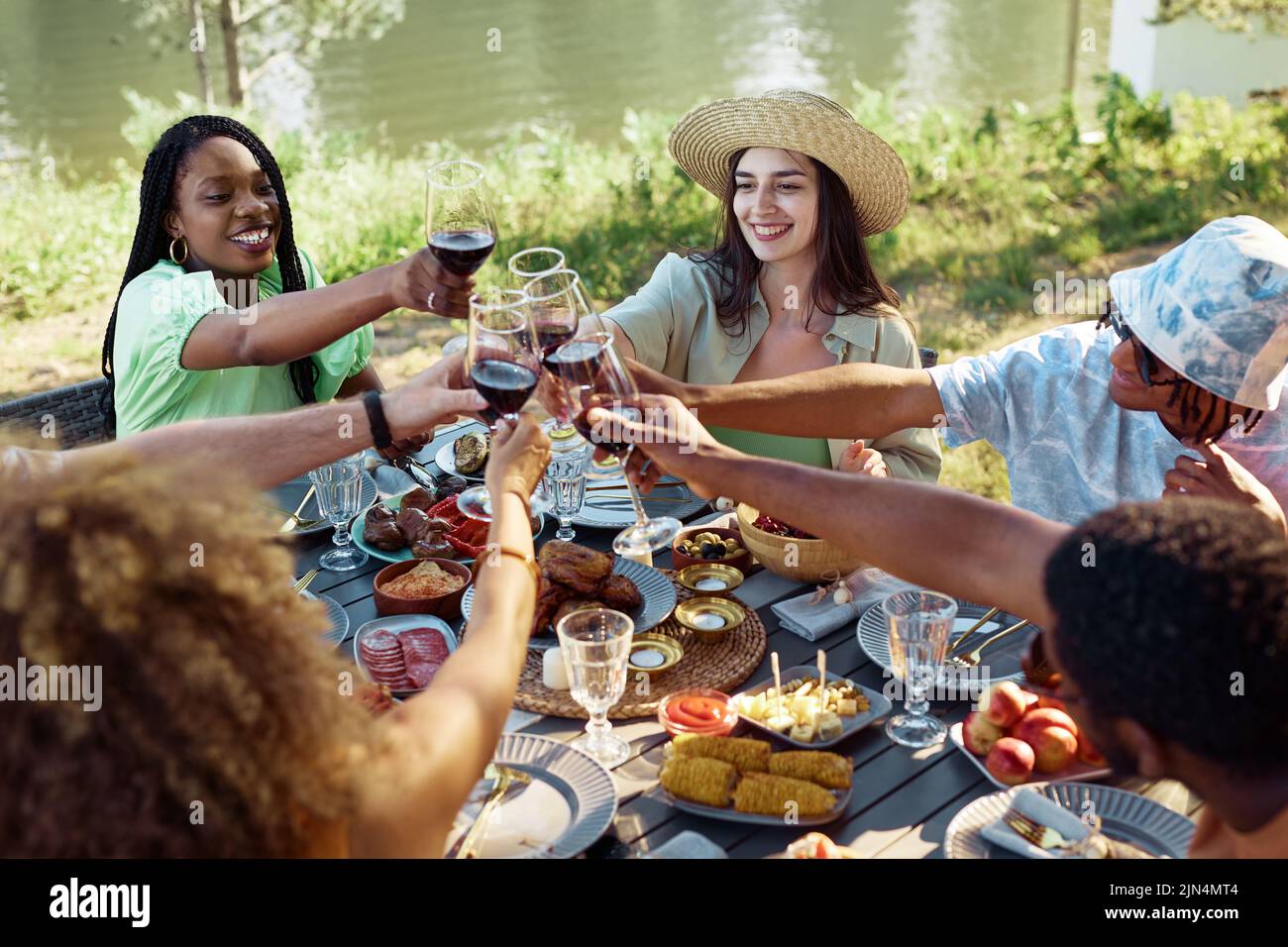 High angle diverse group of young people toasting with wine glasses during dinner party outdoors in Summer Stock Photo