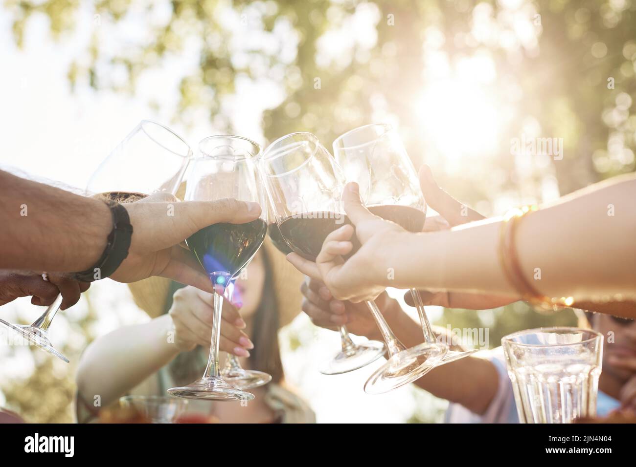 Close up of people toasting with wine glasses lit by sunlight during Summer celebration, copy space Stock Photo