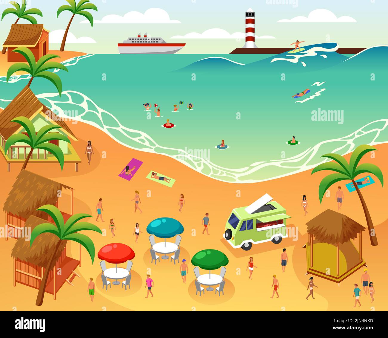 A vector illustration of People Having Fun on the Beach during Summer Stock Vector