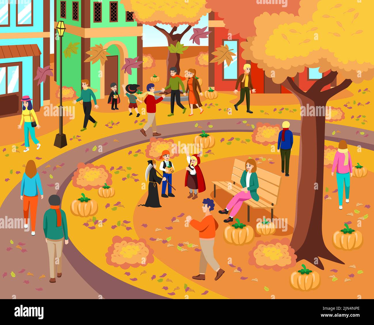 A vector illustration of People During Autumn or Fall Scene Stock Vector