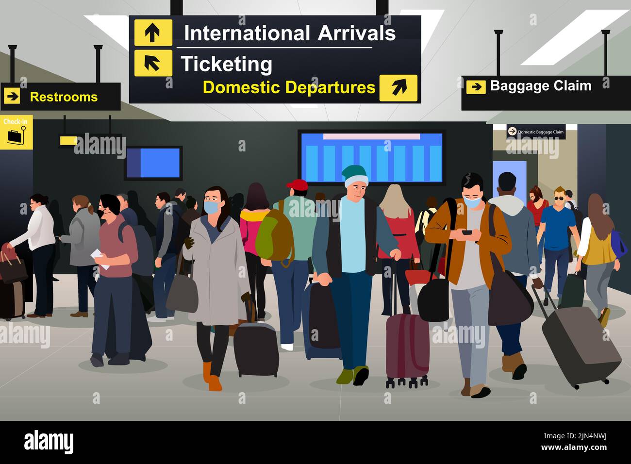 A vector illustration of People Traveling Inside of an Airport Stock Vector