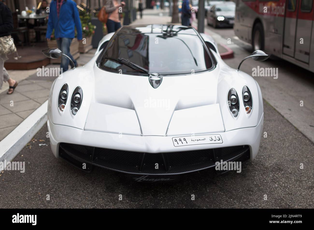 A rare Pagani Huayra 999 badged supercar parked in front of the Beverly Wilshire Four Seasons Hotel at the end of Rodeo Drive, Beverly Hills, USA Stock Photo