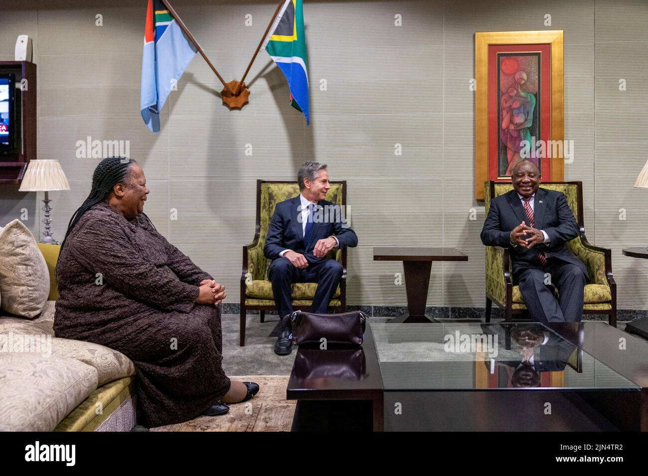 U.S. Secretary of State Antony Blinken, South Africa's President Cyril Ramaphosa and South Africa's Foreign Minister Naledi Pandor meet at Waterkloof Airforce Base in Centurion, South Africa, August 9, 2022. Andrew Harnik/Pool via REUTERS Stock Photo