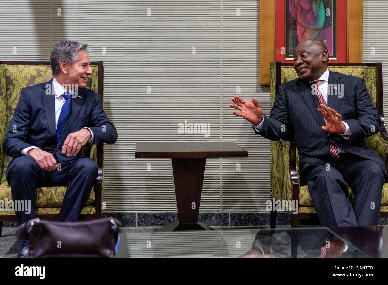 U.S. Secretary of State Antony Blinken meets South Africa's President Cyril Ramaphosa at Waterkloof Airforce Base in Centurion, South Africa, August 9, 2022. Andrew Harnik/Pool via REUTERS Stock Photo