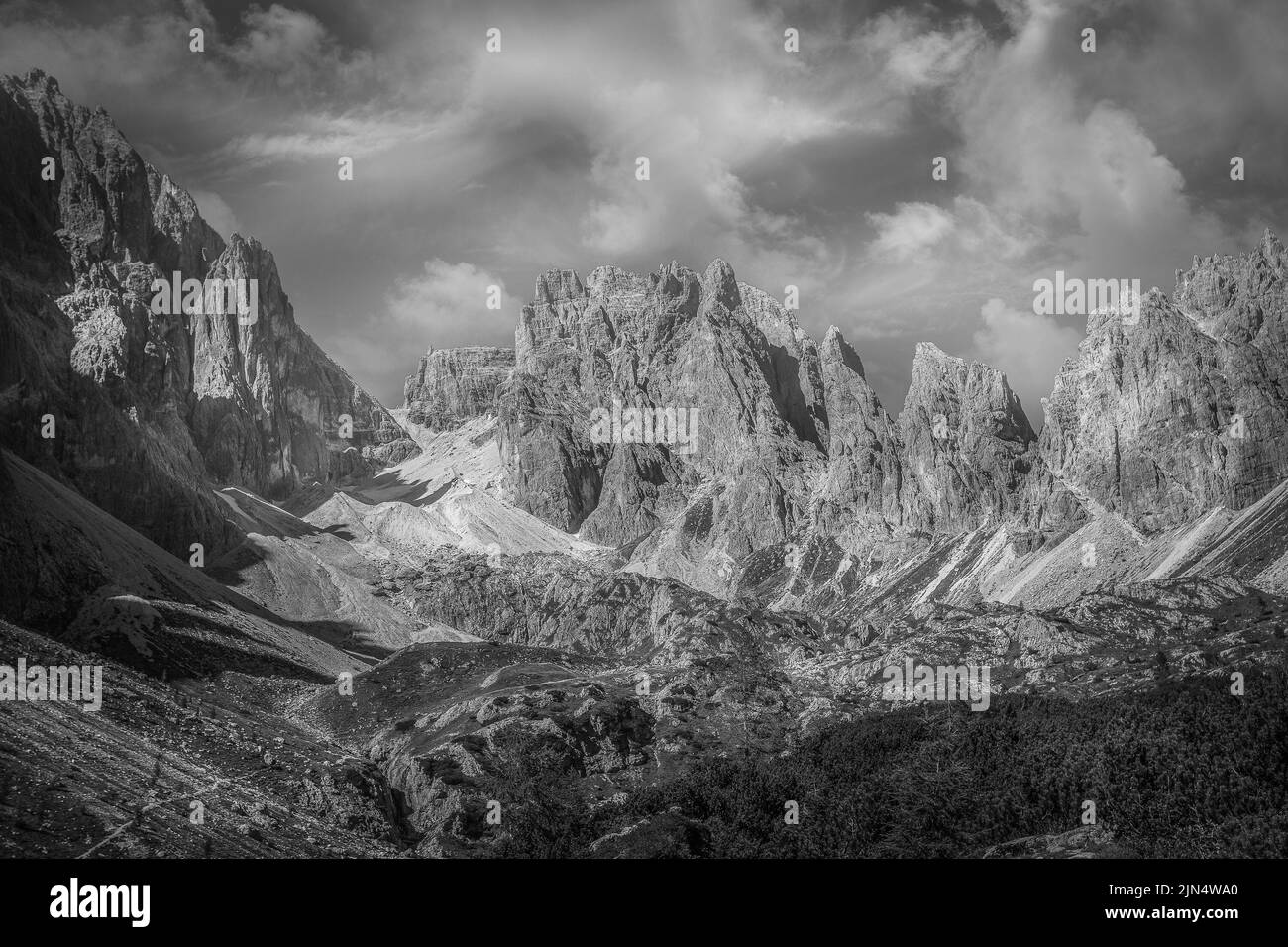 Black and white panorama of rocky ridges of Croda Rossa di Sesto ...