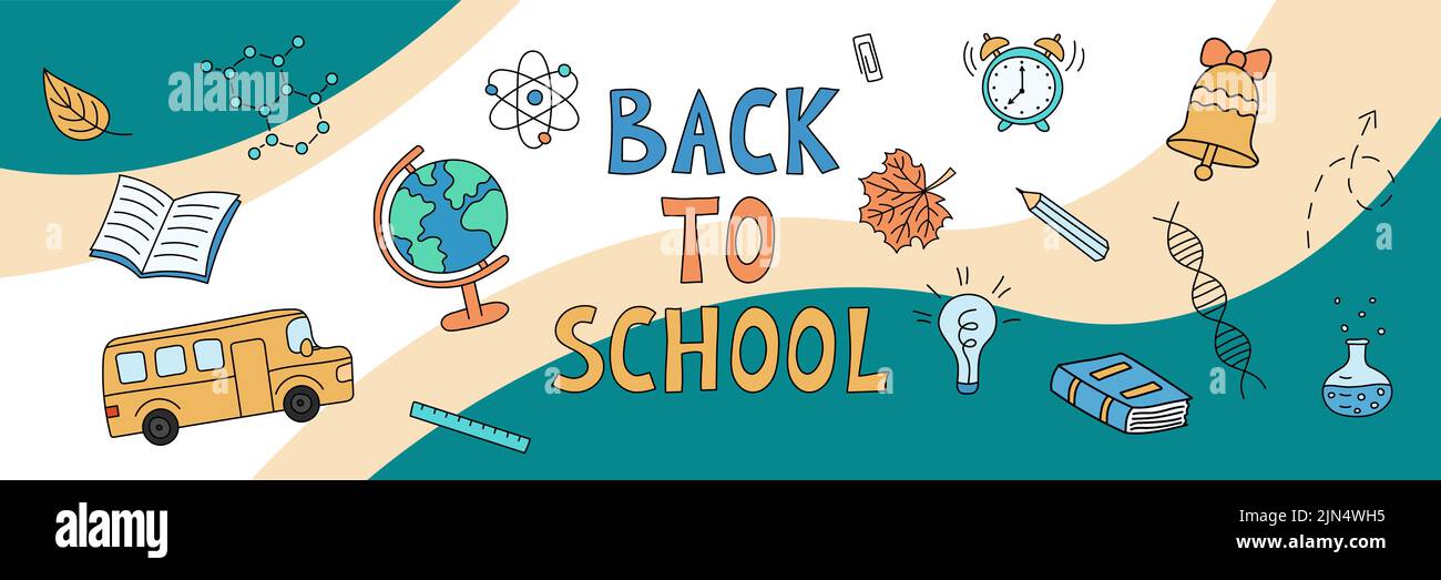 Back to school web banner. School doodle objects on abstract background ...