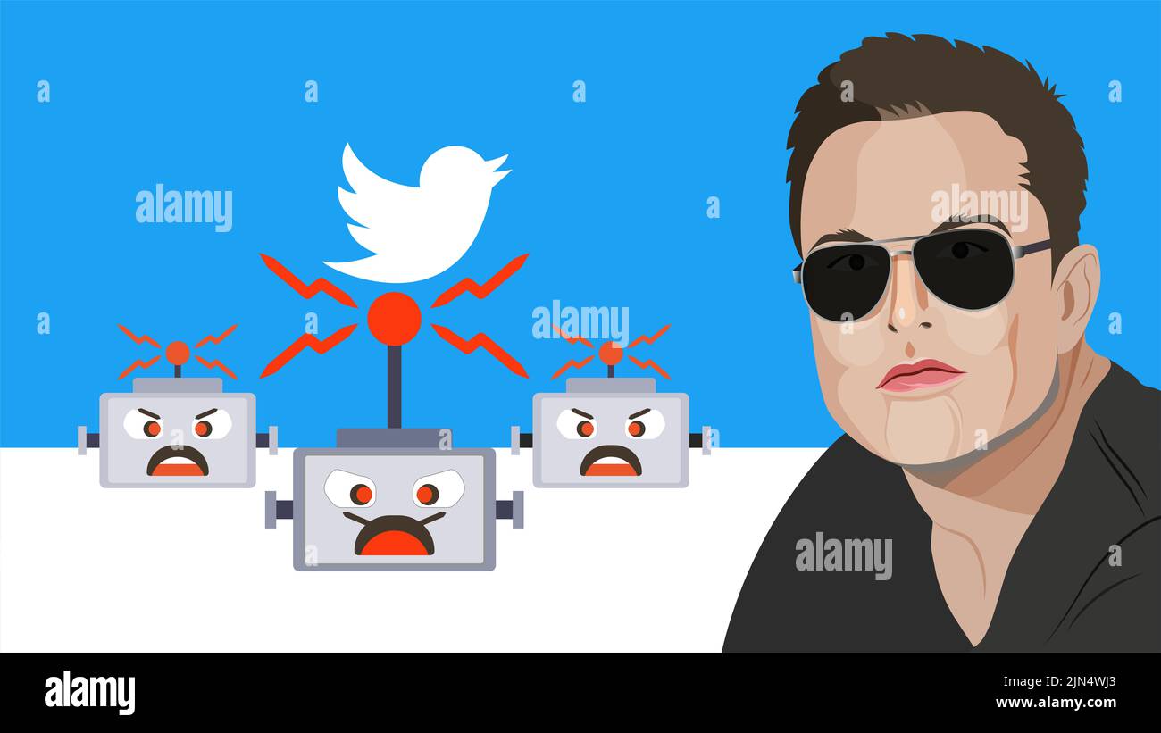Twitter logo, bots and a portrait of Elon Musk Stock Photo - Alamy