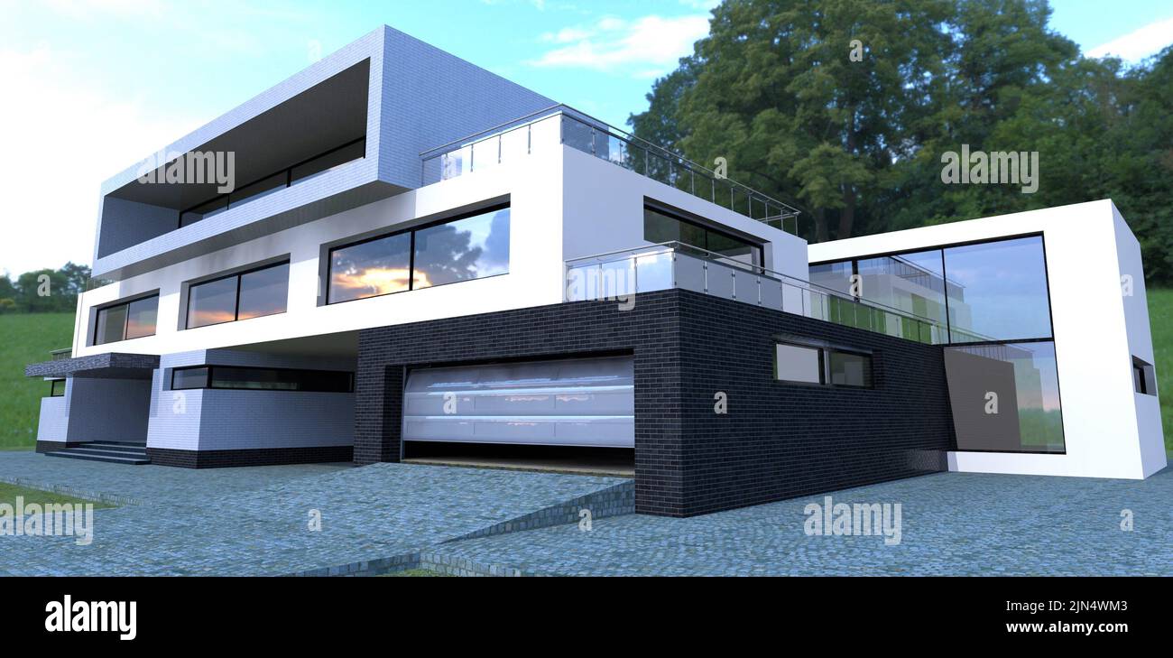 Car entrance to the garage of a modern advanced house. Aluminum ...