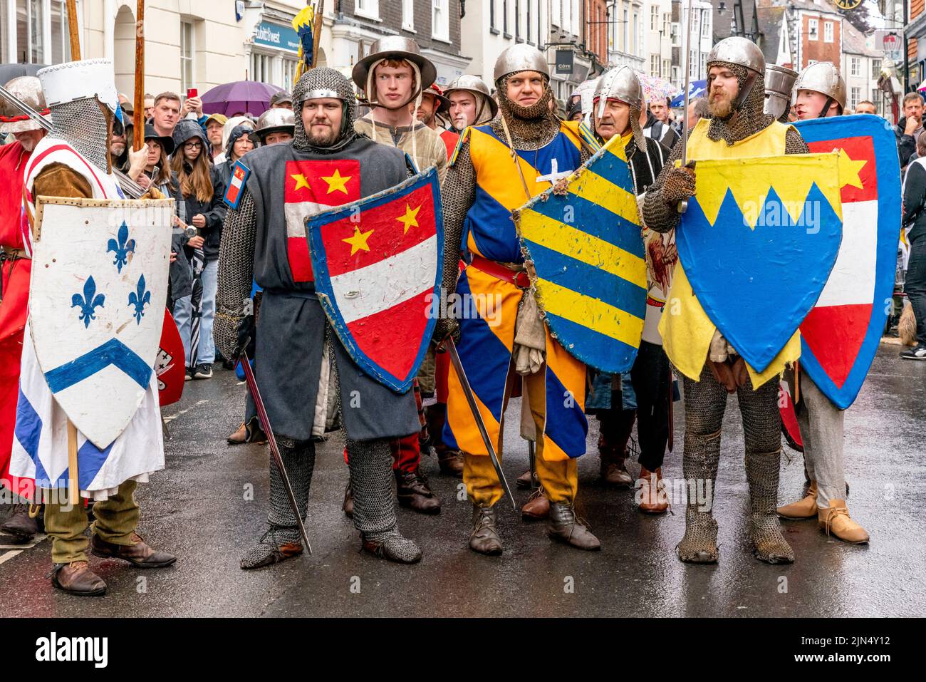 Men In Medieval Costume Prepare To Take Part In The Battle Of Lewes Re-Enactment Event, Lewes, East Sussex, UK Stock Photo