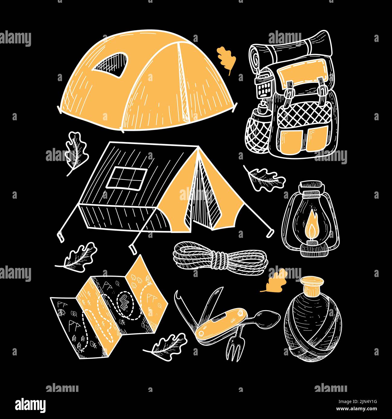 Camping kit with hand-drawn doodle-style elements. Tents, terrain map, backpack, flashlight, water flask, etc. Items for tourism and recreation. Isola Stock Vector