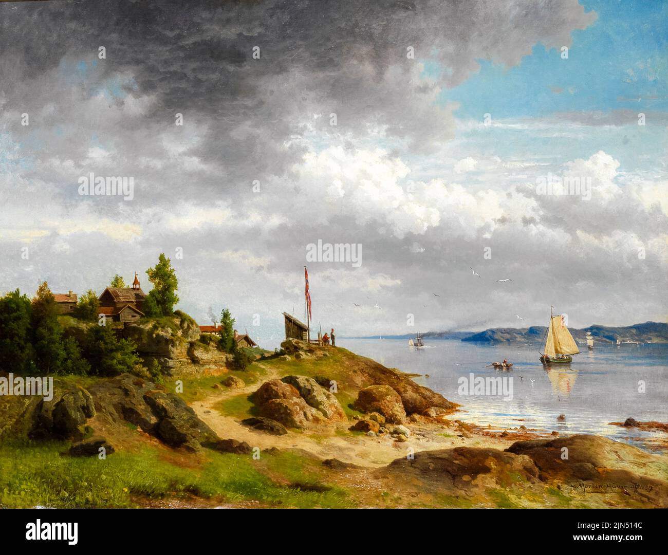 Morten Muller painting, Norwegian coastal landscape with folk life, oil on canvas, 1857 Stock Photo