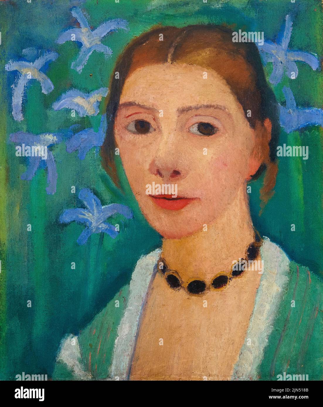Paula Modersohn Becker (1876-1907), Self-portrait in front of a green background with a blue iris, painting in oil on canvas, 1900-1907 Stock Photo