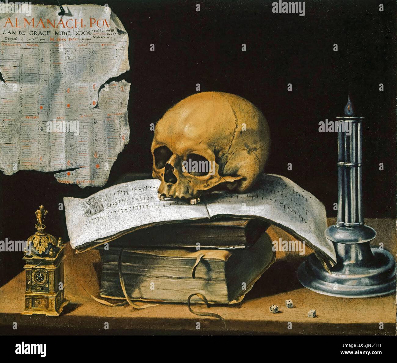 Sebastian Stoskopff, Vanitas Still Life with Skull, painting in oil on canvas, 1630 Stock Photo