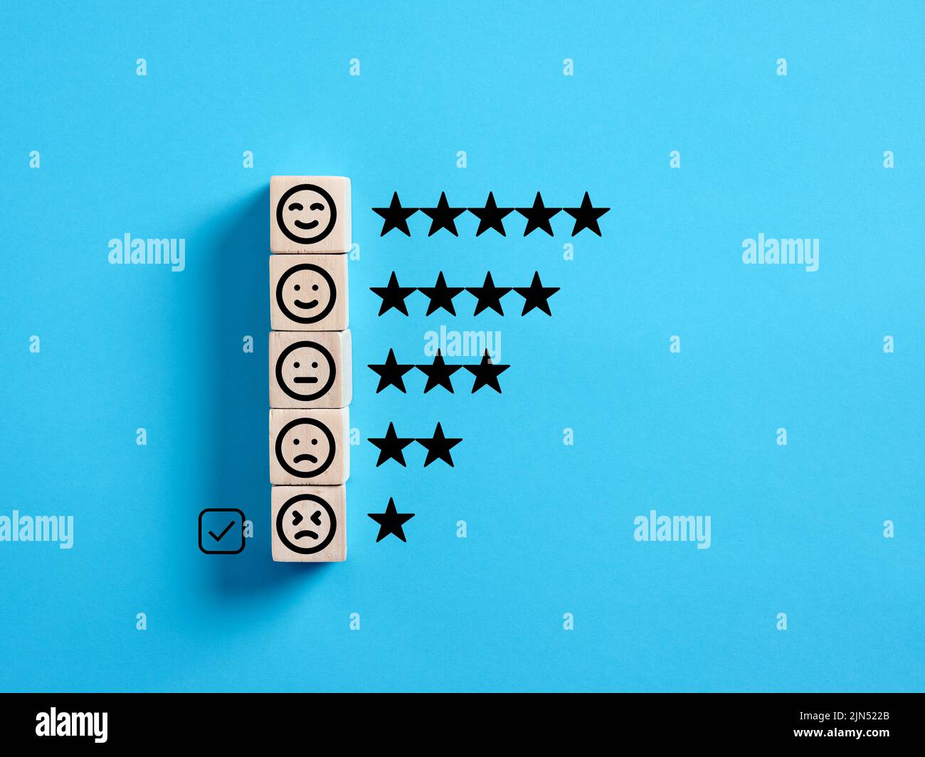 Happy, sad and neutral faces with with one star unhappy face selected. Customer dissatisfaction or negative client evaluation and bad service quality Stock Photo