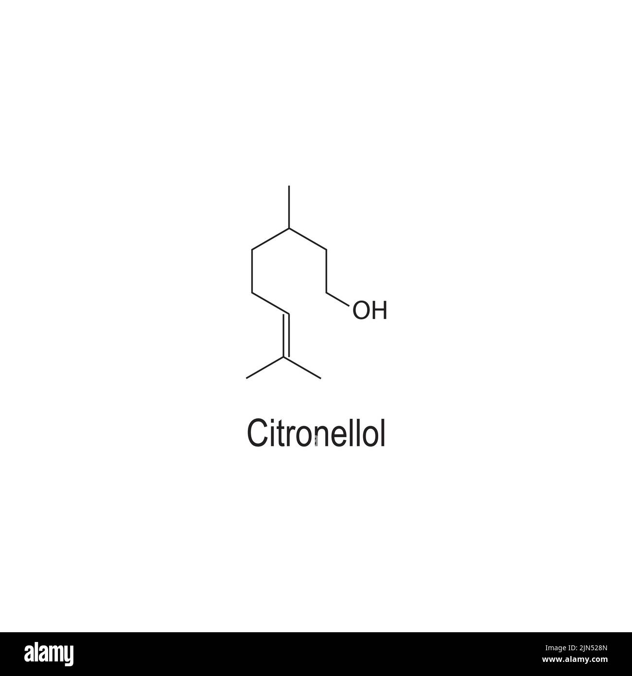 Citronellol (alkene) chemical structure on white background - component of rose and geranium oils. Stock Vector